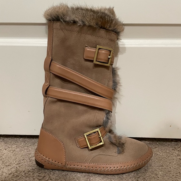 Tory Burch Jaden Genuine Rabbit Fur Lined Leather Moccasin Boots - Picture 2 of 7